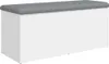 A white storage ottoman with a gray fabric lid.