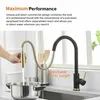 A person is using a black and gold kitchen faucet with a pull-down spray head to fill a pot in a kitchen sink. Produktbild-Vorschau