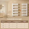 A diagram showing dimensions and specifications of a bathroom radiator, with a blurred background of a bathroom. Náhled obrázku produktu
