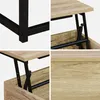 A collage of four close-up images showing details of a lift-top coffee table with a wood-grain finish and black metal legs and mechanism. Produktbild-Vorschau