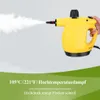A yellow steam cleaner is being held by a hand and is emitting steam. Text overlays describe its features. Produktbild-Vorschau