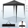 A diagram showing the dimensions of a black pop-up gazebo, with a person carrying the folded gazebo in a bag. Produktbild-Vorschau