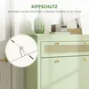 A close-up view of a light green cabinet with a cane-style front panel and gold knobs, with an inset diagram showing how to attach an anti-tip device to a wall. Voir les images du produit