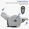 A recliner chair in a reclined position, with a close-up of the remote control and arrows indicating movement. Náhľad obrázku produktu