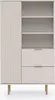 A front view of a tall, narrow cabinet with a fluted door on the left and open shelves and drawers on the right, all supported by gold-colored legs. Produktbild-Vorschau