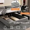 A bed frame with storage compartments and a mattress base is shown, with overlays highlighting features and storage options. Produktbild-Vorschau