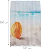 A shower curtain with a beach and seashell motif, showing dimensions. Produktbild-Vorschau
