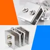 A collage of two images showing a glass hinge. The top image shows a close-up of the hinge with screws and the text '180°'. The bottom image shows three hinges from a different angle. Podgląd zdjęcia produktu
