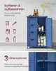 A blue bathroom cabinet with drawers and a door, shown with various bathroom products and icons illustrating organization. Produktbild-Vorschau