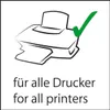 An illustration of a printer with a green checkmark, indicating compatibility, and text in German and English stating it is for all printers. Náhled obrázku produktu