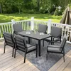 A patio dining set is arranged on a wooden deck, surrounded by greenery and a white railing. Produktbild-Vorschau