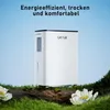 A white dehumidifier is placed on a grassy mound with flowers in the foreground, against a light blue sky background. Text is overlaid at the top. Produktbild-Vorschau