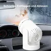 A white car heater/defroster is placed on a car dashboard, with a graphic overlay showing heat waves directed towards the windshield. Produktbild-Vorschau