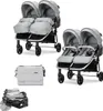 A collage of images showing a twin stroller in different configurations and accessories. Produktbild-Vorschau