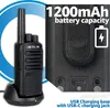 A walkie-talkie is shown in its charging base, with a close-up of the charging port and battery capacity information. Produktbild-Vorschau