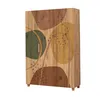 A tall, narrow wardrobe with three doors, decorated with abstract shapes in earthy tones and wood grain texture. Produktbild-Vorschau