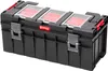 A black Qbrick System Pro 600 Profi-Werkzeugkasten tool box with red inserts and clear lids. Náhled obrázku produktu