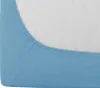 A close-up view of a light blue fitted sheet with elastic gathering along the edge, resting on a white textured surface. Náhled obrázku produktu