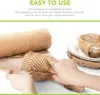 Hands are shown stretching and shaping honeycomb-like packaging material around plates and bowls. Produktbild-Vorschau