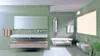 A modern bathroom with a green wall, featuring a bathtub, sink, toilet, and window. Náhľad obrázku produktu