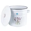 A white enamel pot with a lavender design and a lid is shown against a white background. Produktbild-Vorschau