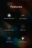 A dark background with colorful abstract light streaks, featuring a grid of icons and text describing product features. Produktbild-Vorschau