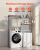 A laundry room with a washing machine, dryer, and a metal shelving unit for storage. Produktbild-Vorschau