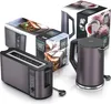 A toaster and a kettle are displayed with their packaging. Produktbild-Vorschau