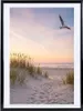 A framed picture of a beach scene with sand dunes, tall grass, and a seagull flying in the sky during sunset. Produktbild-Vorschau