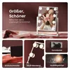A makeup mirror with lights is shown with a woman's face reflected in it, highlighting its features. The image is divided into sections showcasing different aspects of the product. Podgląd zdjęcia produktu
