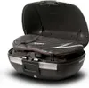 An open black motorcycle top case with a black bag inside. Podgląd zdjęcia produktu