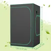 A grow tent with dimensions indicated by text overlays, set against a light green and white background with floating leaves. Voir les images du produit