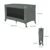 Dimensions of a folded and unfolded baby travel cot are shown with measurement lines and numbers. Voir les images du produit