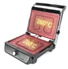 An open electric grill with glowing red heating elements displaying the temperature. Produktbild-Vorschau