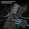 A black phone case with a ring holder and camera cover is shown attached to a car vent mount. Produktbild-Vorschau
