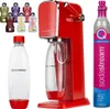 A collage of a red SodaStream machine, bottles, CO2 cylinder, and flavor syrups. Produktbild-Vorschau