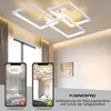 A modern LED ceiling light fixture in a room, with two phone screens showing different lighting effects. Produktbild-Vorschau