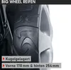 Close-up of a tire and wheel with text overlays. Produktbild-Vorschau