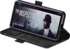 A black flip case for a smartphone is shown open, displaying the phone's screen which shows a movie interface. Produktbild-Vorschau