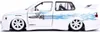 Side view of a white toy car with graphics. Voir les images du produit