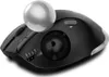 A black trackball mouse with a silver ball on top, shown from a diagonal angle against a white background. Produktbild-Vorschau