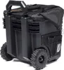 A close-up, angled view of a black and gray rolling tool case with large wheels. Náhled obrázku produktu