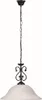 A hanging pendant light fixture with a dark metal frame and a white, marbled glass shade. Produktbild-Vorschau