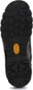 The bottom view of a black boot sole with a prominent orange Vibram logo. Produktbild-Vorschau