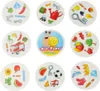 A collage of circular cards, each containing various cartoon-like objects and illustrations, with a central card featuring a snail character. Voir les images du produit
