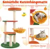 A multi-panel image showcasing a cat tree with various features and dimensions, including cats using the product. Podgląd zdjęcia produktu
