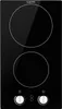 A top-down view of a black glass ceramic cooktop with two circular heating elements and two control knobs. Produktbild-Vorschau