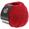 A ball of red yarn with a black label. Produktbild-Vorschau