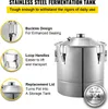 A stainless steel fermentation tank with callouts highlighting its features. Náhled obrázku produktu