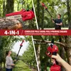 Collage of images showing a cordless pole saw and pruning shears in use in a garden and forest setting. Produktbild-Vorschau